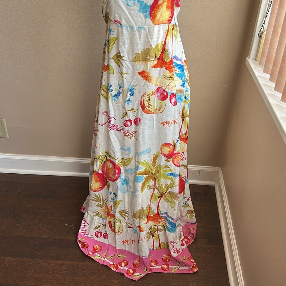 Label Of Love Leilani Dress New Sz L Linen Blend Smocking Tropical Fruits - Picture 4 of 5